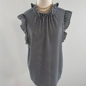 Ann Taylor factory navy and White Ruffled Sleeveless Blouse